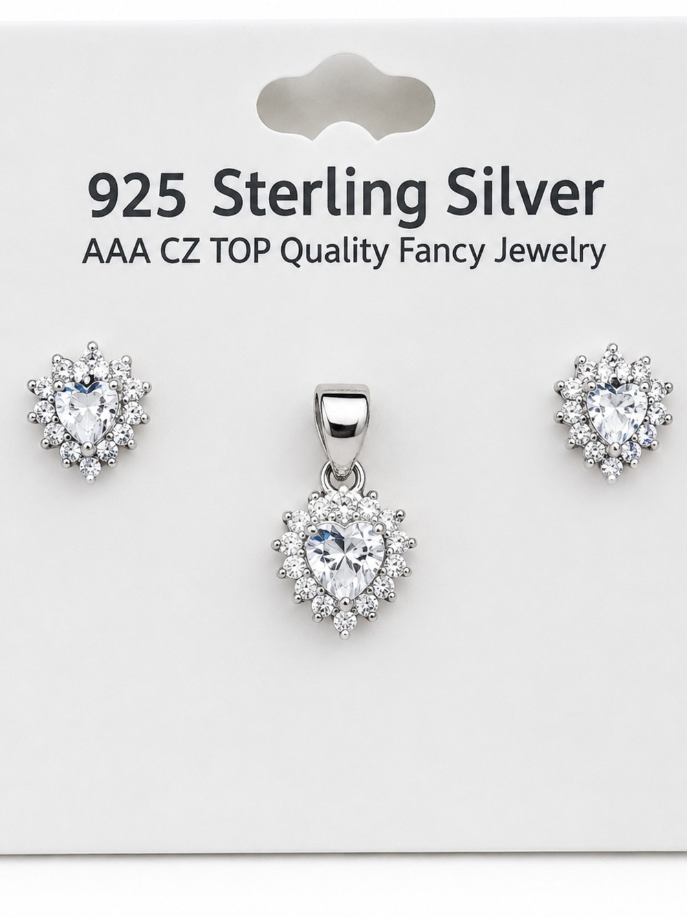 925 Sterling Silver Heart CZ Pendant & Stud Earrings Set - Silver